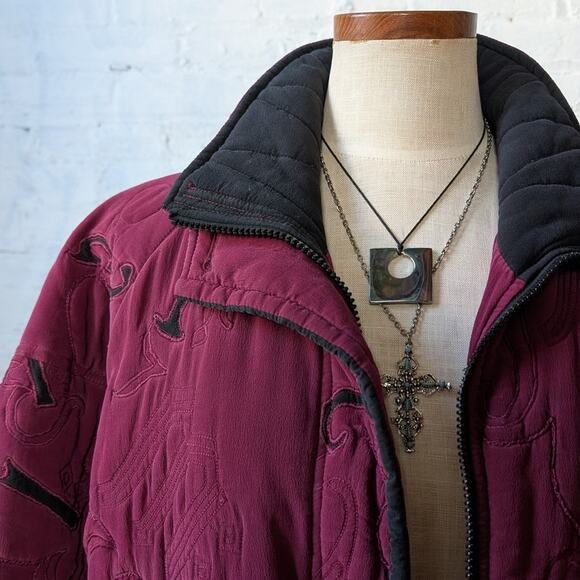 Vintage Purple Silk Jacket Embroidered Quilted Utility Boho Blanket Coat Small - Picture 5 of 9
